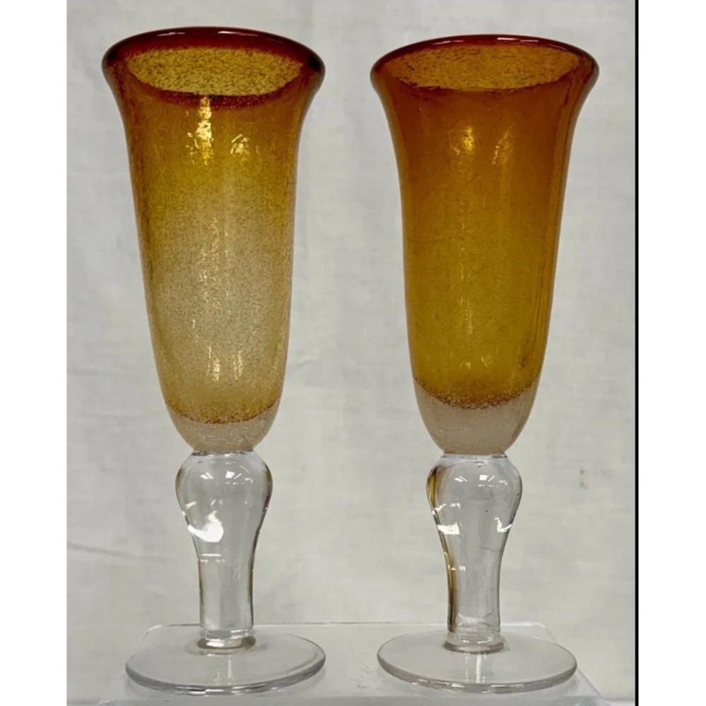 Artland Iris Amber Bubble Champagne Flutes Hand Blown Seeded Glass 9" Set of 2